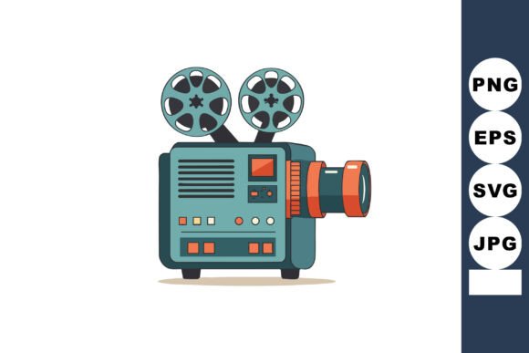 Vintage Film Projector with Teal and Ora: A Nostalgic Embroidery Design